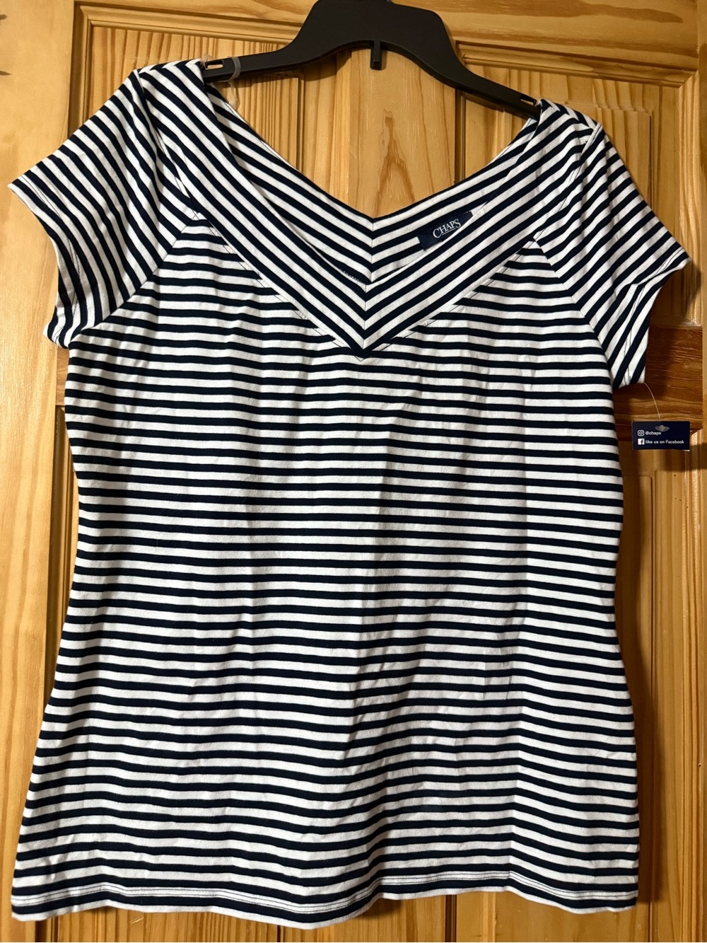 Chaps Navy & White Striped V-Neck Short Sleeve Tee